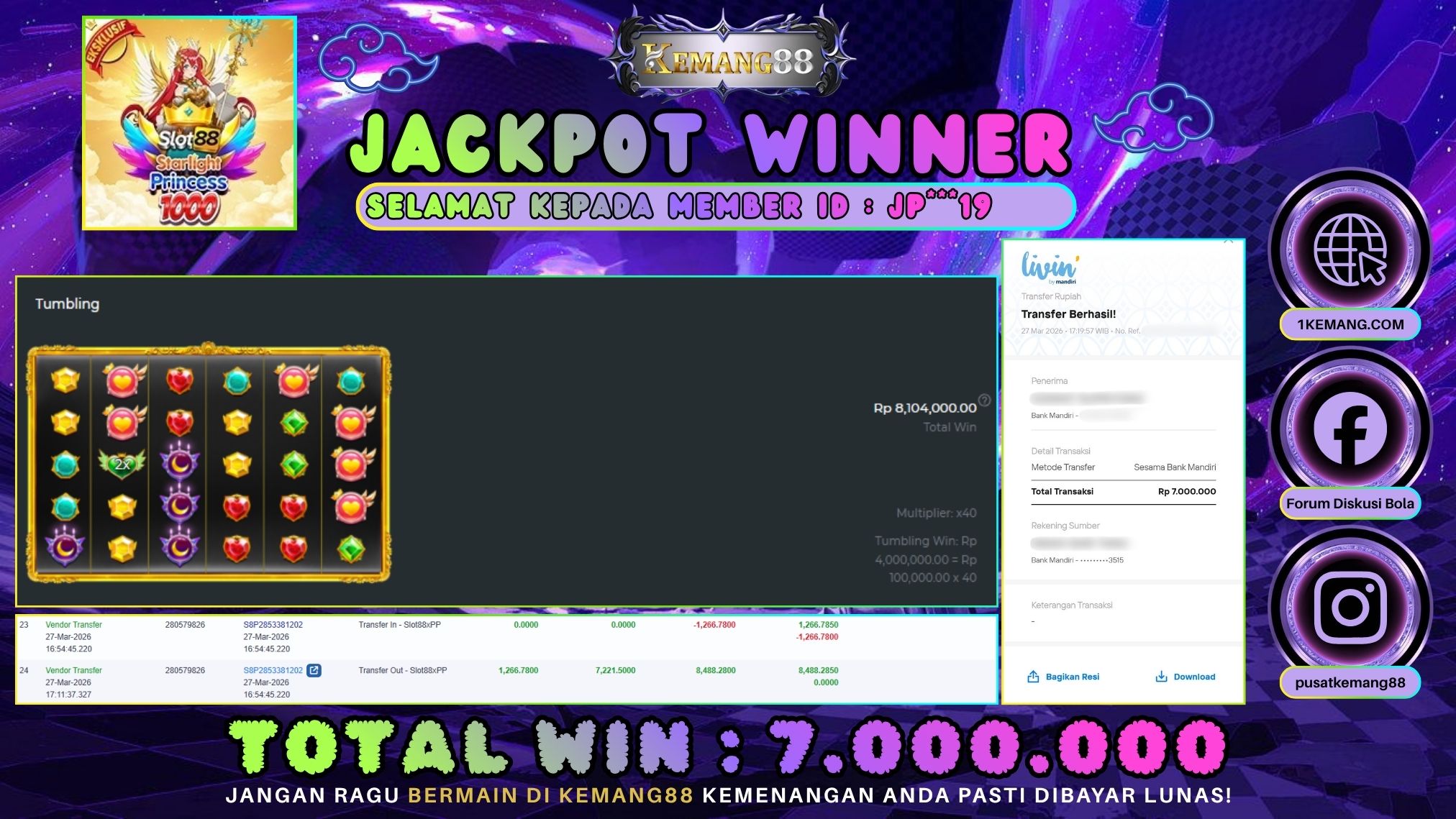 KEMANG88 [27 Maret 2026] : JACKPOT SLOT : STARLIGHT PRINCESS 1000 [SLOT88] Rp. 7.000.000.,- LUNAS